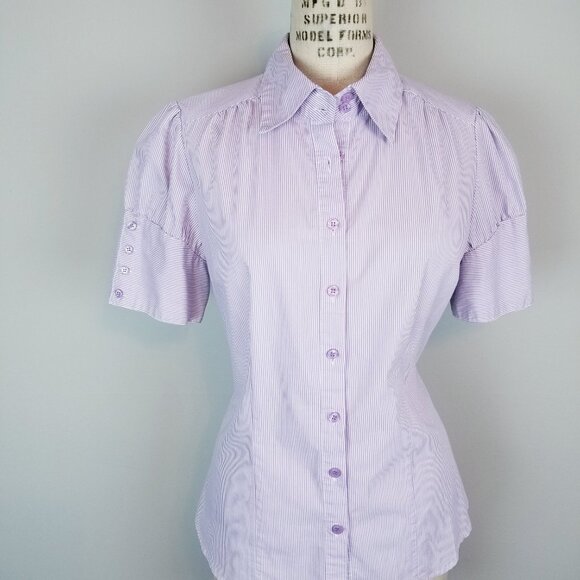 Apt 9 Lavender Pin Striped Button Front Blouse Puff Sleeves Women's Size Medium - Picture 1 of 8